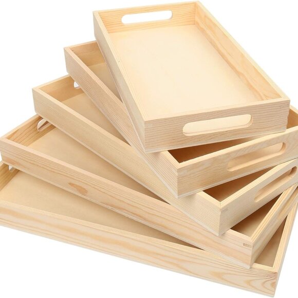 Multicraft Wooden Nested Serving Trays, Set of 5, Unfinished Natural Wood Trays - Picture 4 of 7